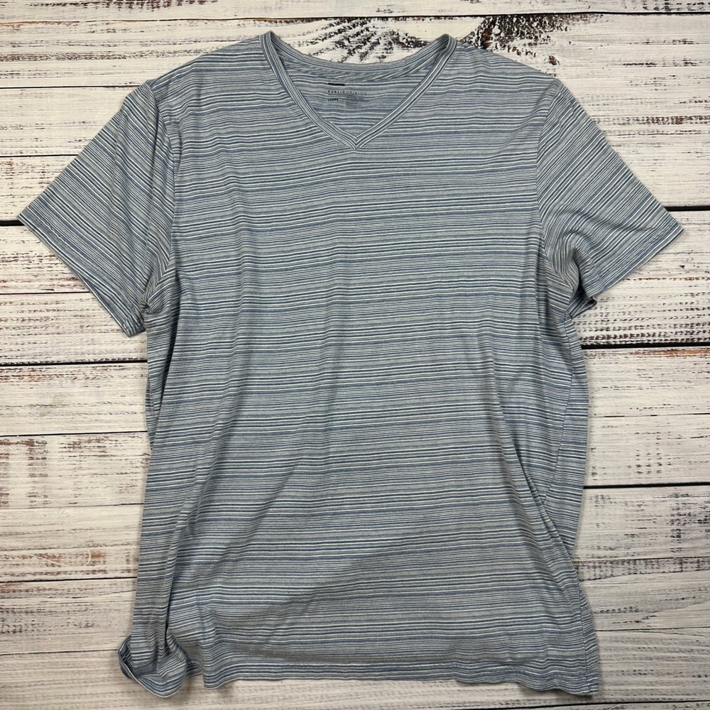 Public Opinion T Shirt Space Dye Striped V Neck Cotton Blend Blue Size Large
